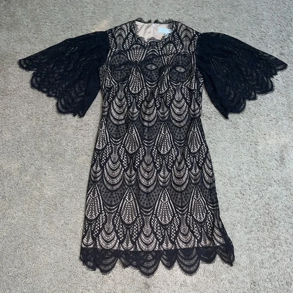 Dress the Population Toni Angel Sleeve Sheath Sheer Overlay Bodycon Black XXS - Picture 4 of 10